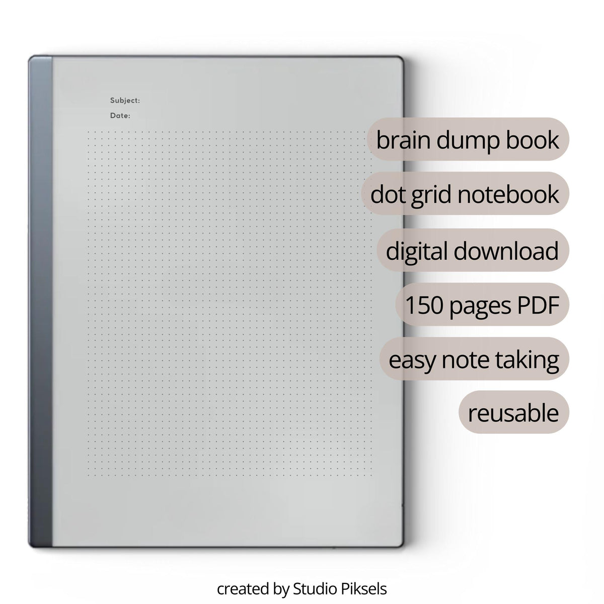 Bullet Journal for reMarkable 2 and reMarkable Paper Pure featuring 150 dot grid digital notebook pages with minimalist layouts for journaling and planning