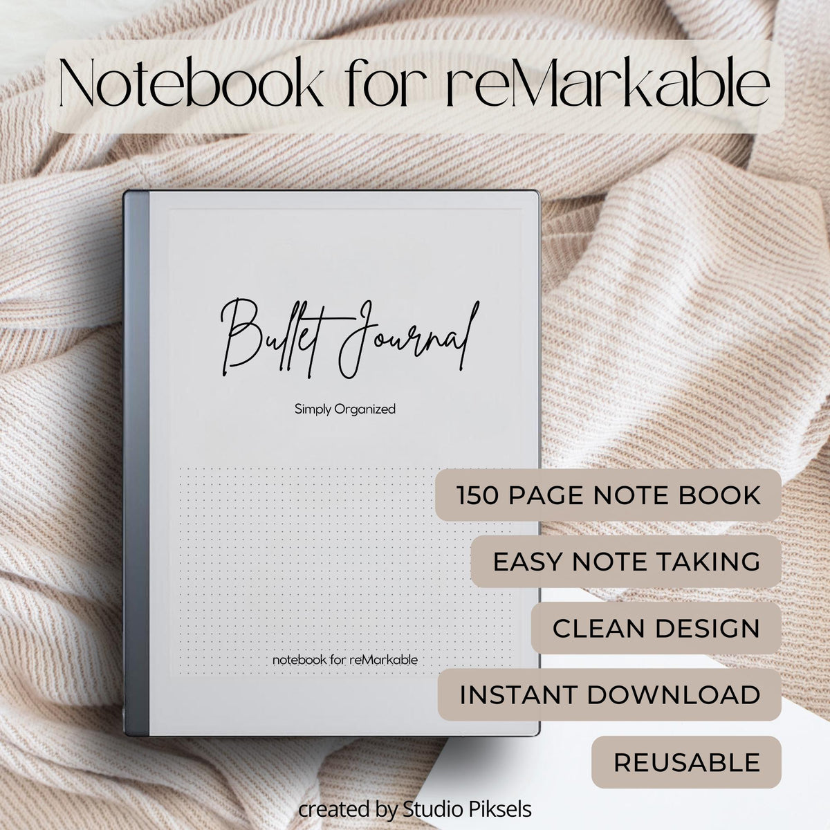 Bullet Journal for reMarkable 2 and reMarkable Paper Pure featuring 150 dot grid digital notebook pages with minimalist layouts for journaling and planning