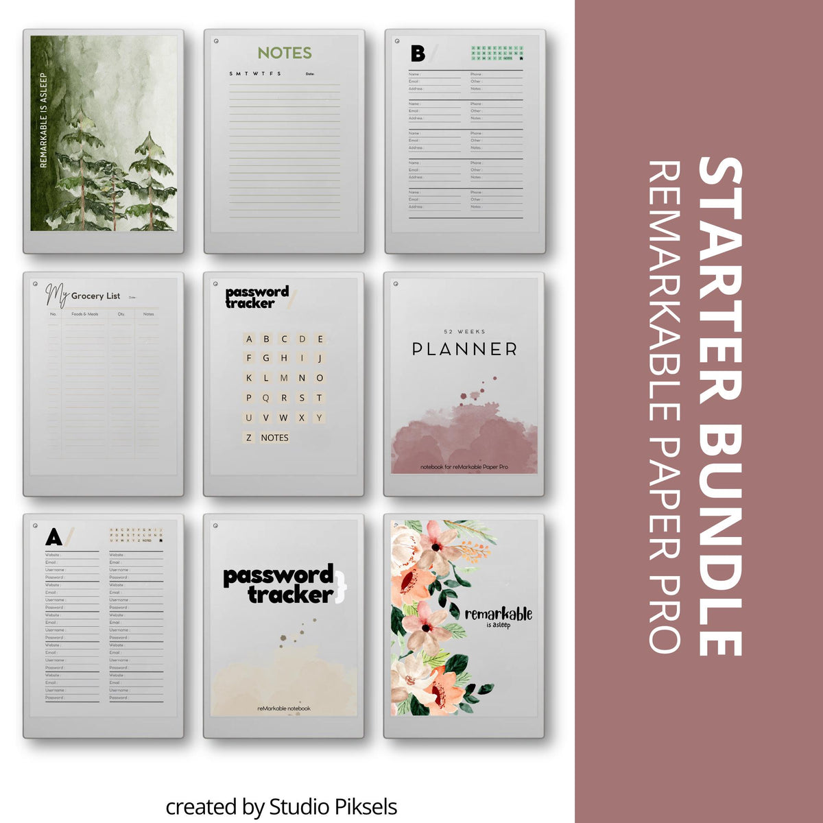 Starter Bundle for reMarkable Paper Pro all-in-one digital planner bundle with hyperlinked year planner, address book, password tracker, notebook, and productivity templates. Includes structured planning tools, organization layouts, and creative pages for daily use on reMarkable Paper Pro.