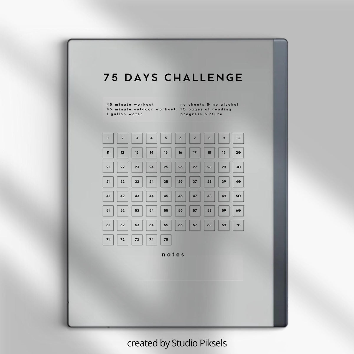 75-Day Challenge Tracker Bundle PDF for reMarkable 2 and Paper Pure with grayscale fitness tracking pages and minimalist habit challenge layouts