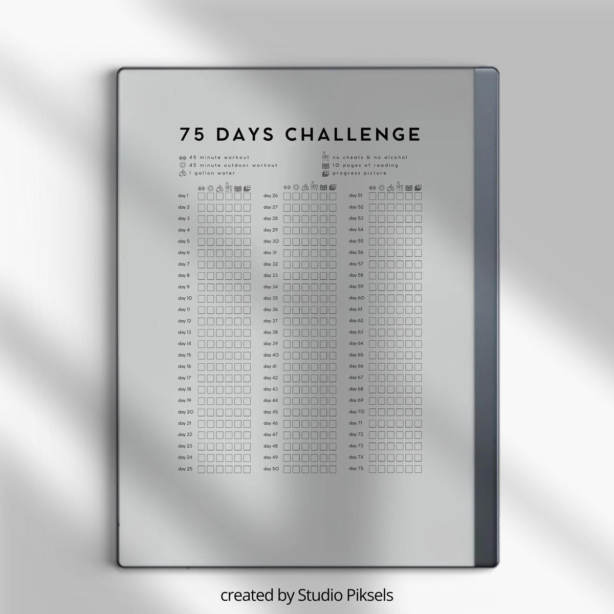 75-Day Challenge Tracker Bundle PDF for reMarkable 2 and Paper Pure with grayscale fitness tracking pages and minimalist habit challenge layouts