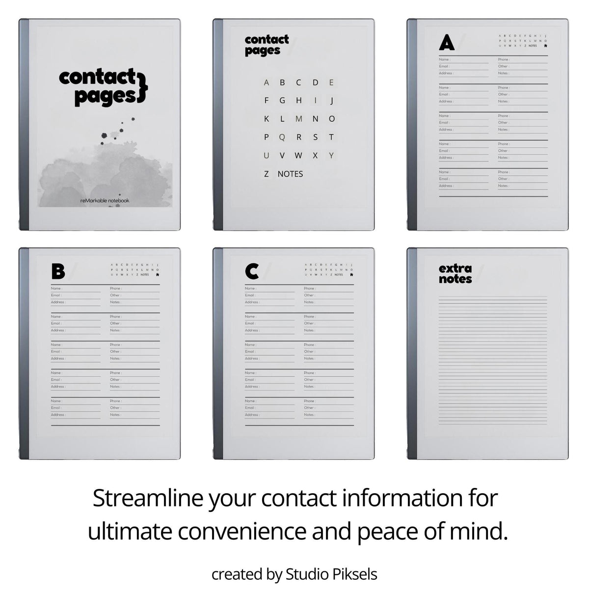 Address Book PDF for reMarkable 2 and Paper Pure with grayscale contact pages and hyperlinked digital address book layout