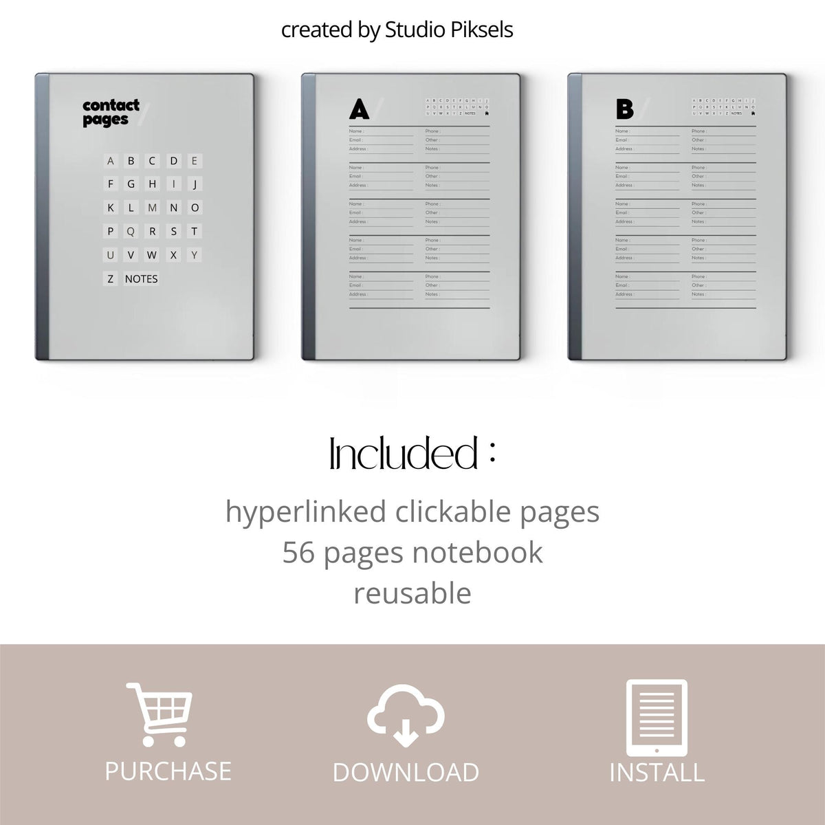 Address Book PDF for reMarkable 2 and Paper Pure with grayscale contact pages and hyperlinked digital address book layout