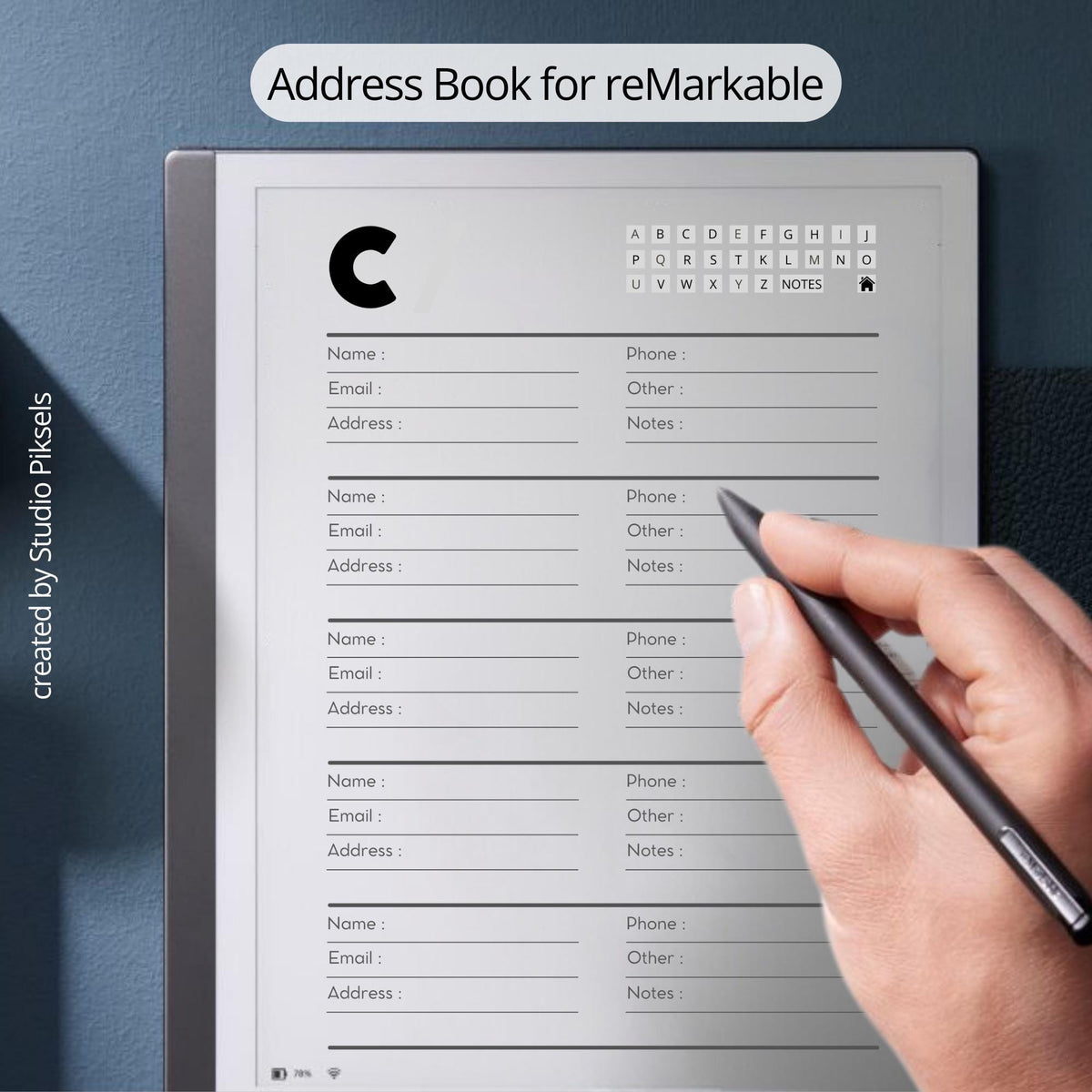 Address Book PDF for reMarkable 2 and Paper Pure with grayscale contact pages and hyperlinked digital address book layout