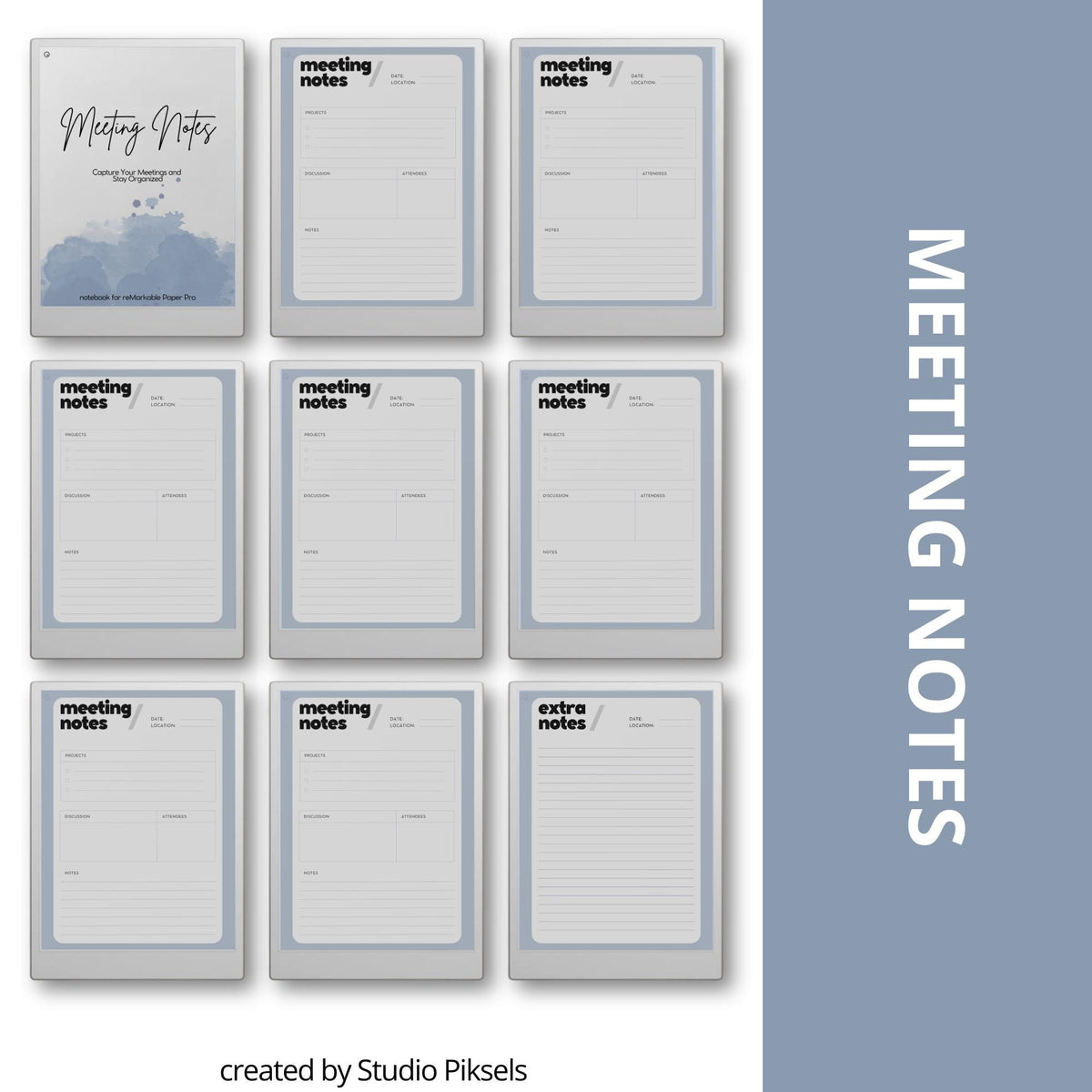 Meeting Minutes Template for reMarkable Paper Pro featuring 30 digital PDF pages with sections for project details, attendees, discussion points, notes, decisions, reminders, follow-up details, and a clean minimalist professional layout.