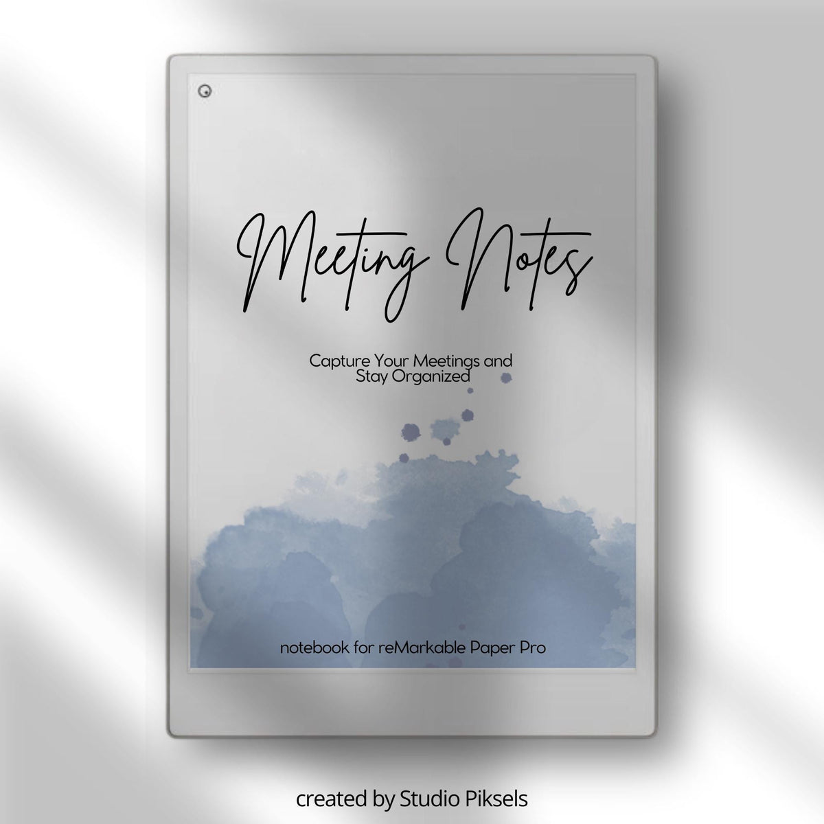 Meeting Minutes Template for reMarkable Paper Pro featuring 30 digital PDF pages with sections for project details, attendees, discussion points, notes, decisions, reminders, follow-up details, and a clean minimalist professional layout.