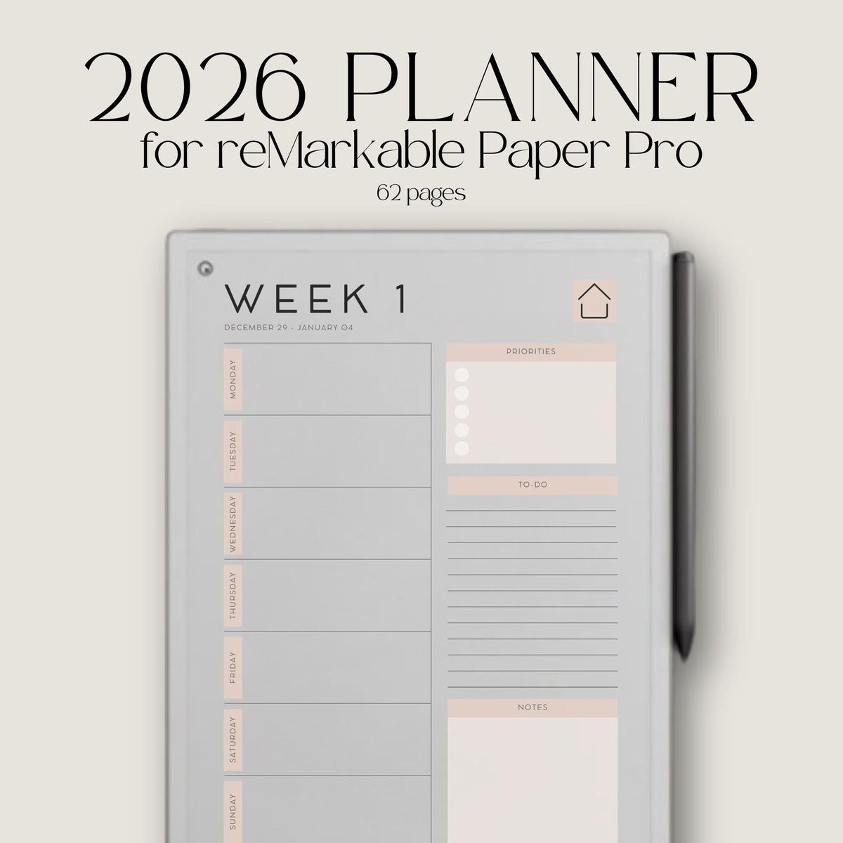 52 Week Planner for reMarkable Paper Pro: Weekly 2026 Planner With Full Year Calendar, Linked Week Tabs and Minimalist Wee...