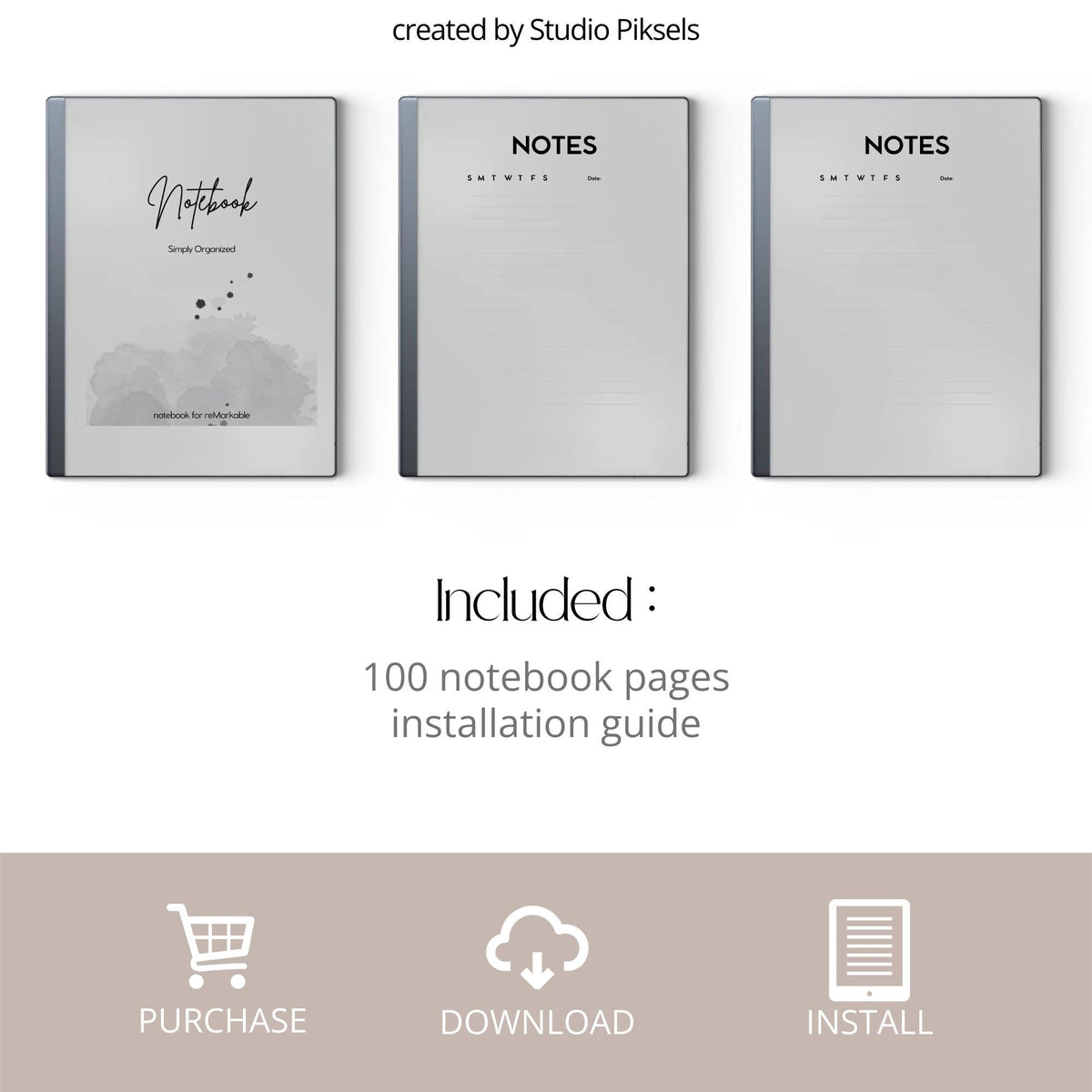 Minimalist Notebook for reMarkable featuring a clean digital PDF layout with 100 note pages, simple writing space, high-resolution design, reusable format, and sections for everyday notes, journaling, study notes, meeting notes, planning, and personal organization.