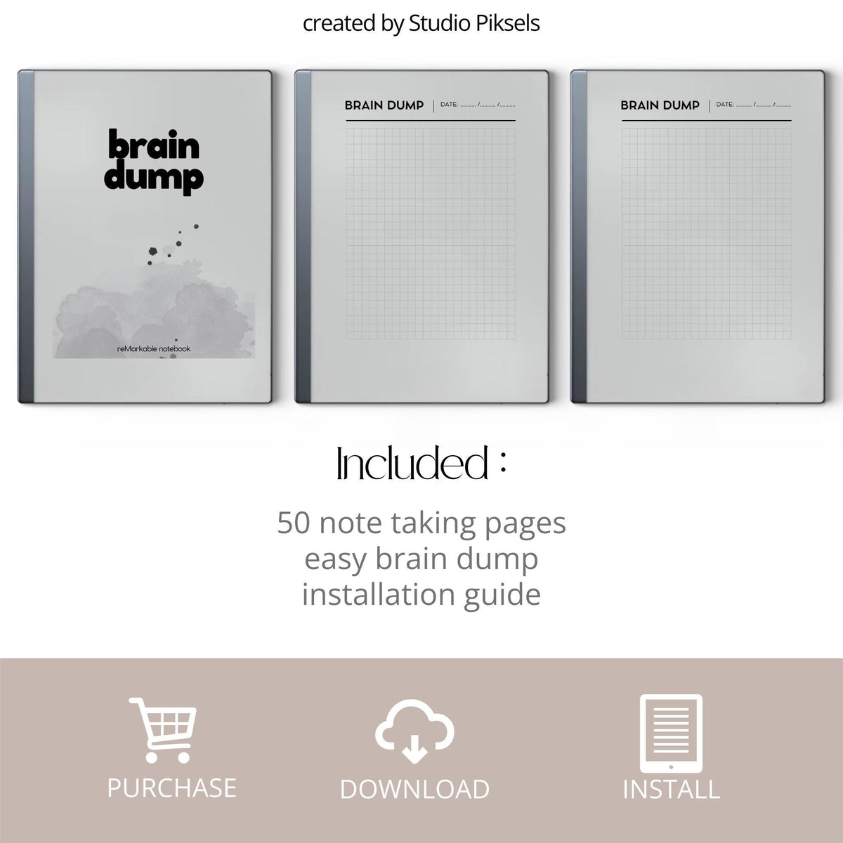 Brain Dump Notebook for reMarkable 2 and reMarkable Paper Pure featuring 50 minimalist grid notebook pages for brainstorming, planning, and digital note-taking