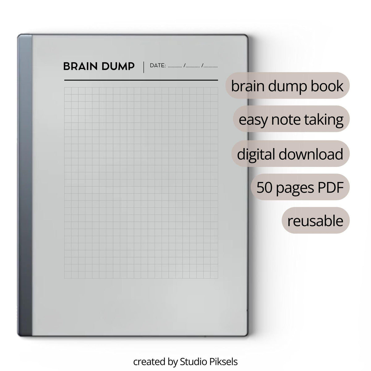 Brain Dump Notebook for reMarkable 2 and reMarkable Paper Pure featuring 50 minimalist grid notebook pages for brainstorming, planning, and digital note-taking