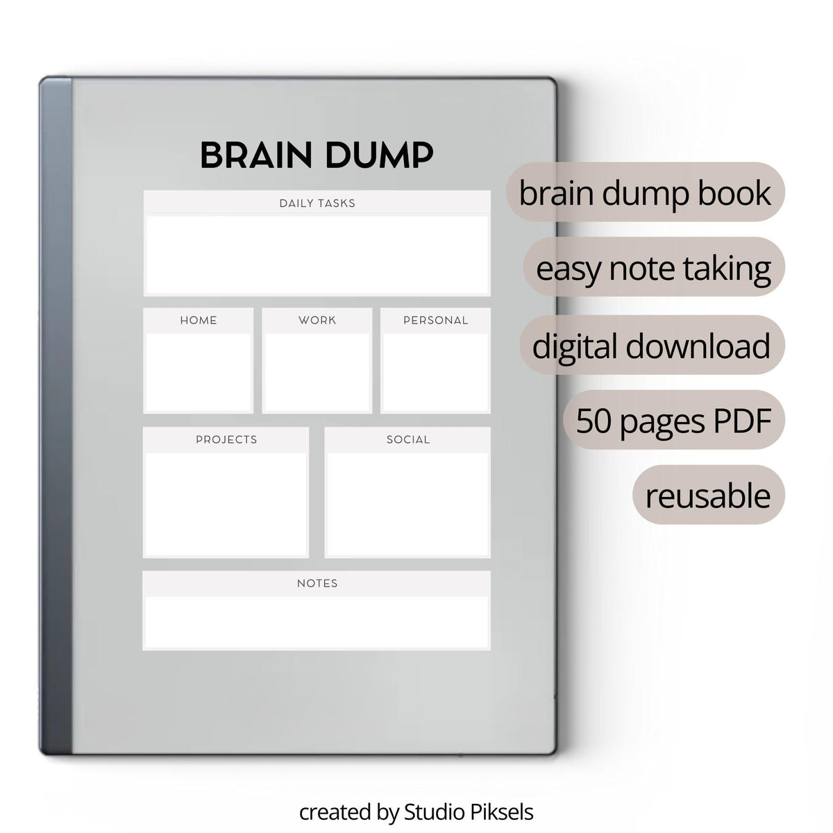 Brain Dump Notebook for reMarkable 2 and reMarkable Paper Pure featuring categorized productivity pages for daily tasks, projects, notes, and personal organization.