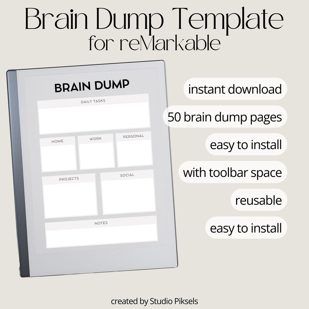 Brain Dump Notebook for reMarkable 2 and reMarkable Paper Pure featuring categorized productivity pages for daily tasks, projects, notes, and personal organization.
