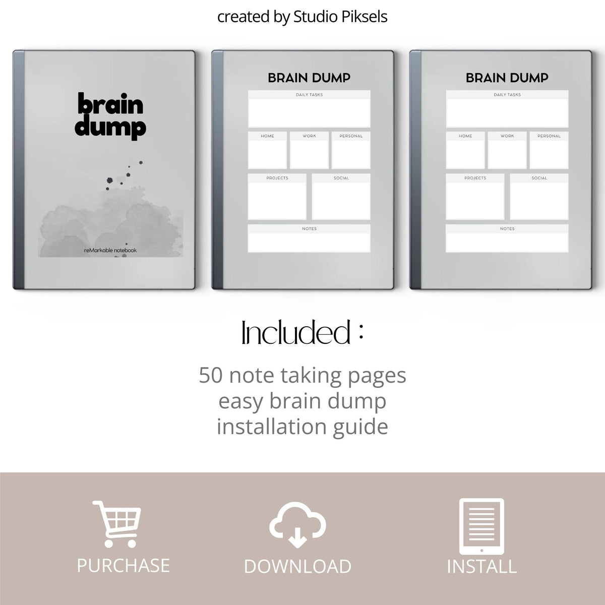 Brain Dump Notebook for reMarkable 2 and reMarkable Paper Pure featuring categorized productivity pages for daily tasks, projects, notes, and personal organization.