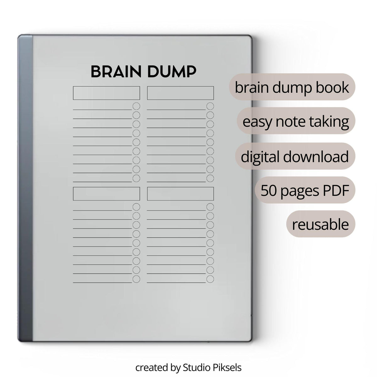 Brain Dump Brain Dump Notebook for reMarkable Paper Pure and reMarkable 2 with customizable checklist sections and productivity pagesTemplate For reMarkable