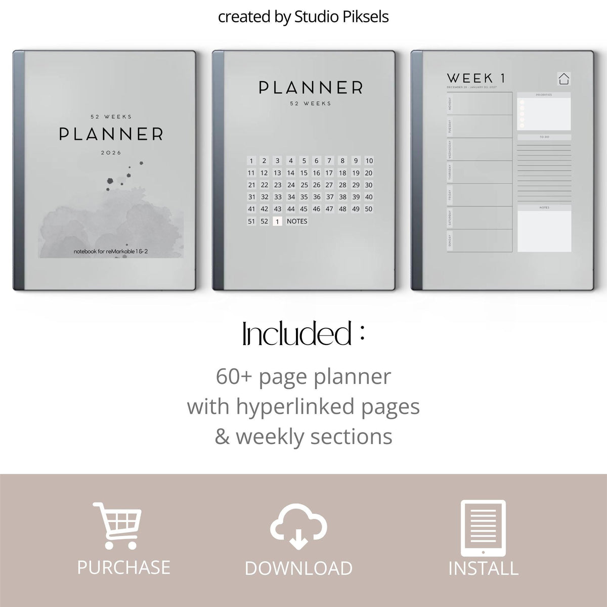 2026 Planner for reMarkable 2 and reMarkable Paper Pure featuring hyperlinked weekly planning pages, notes sections, and minimalist digital layouts