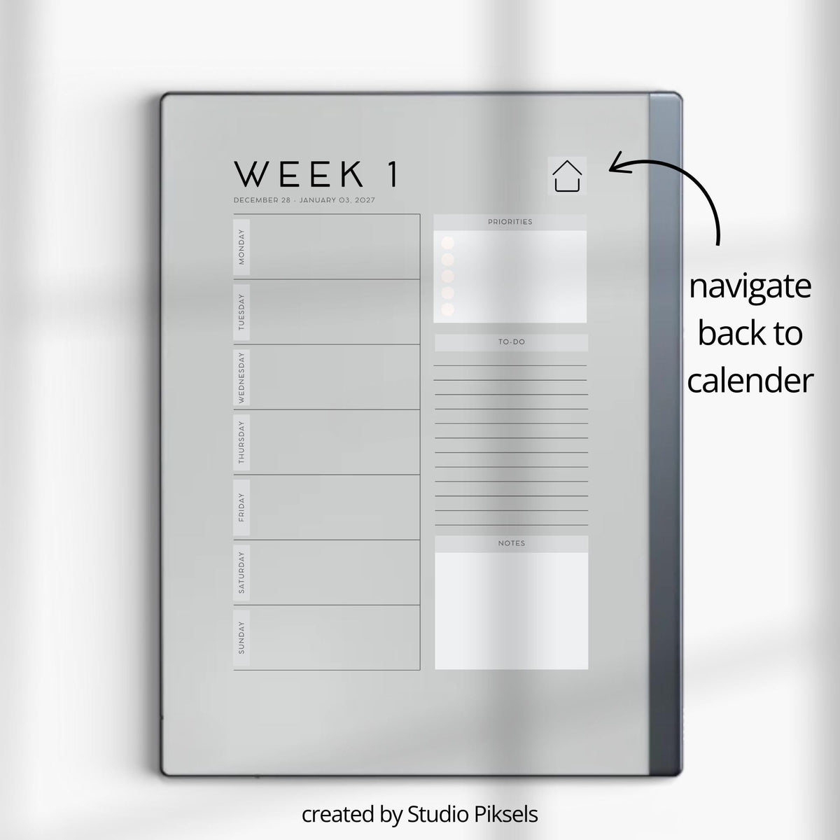 2026 Planner for reMarkable 2 and reMarkable Paper Pure featuring hyperlinked weekly planning pages, notes sections, and minimalist digital layouts