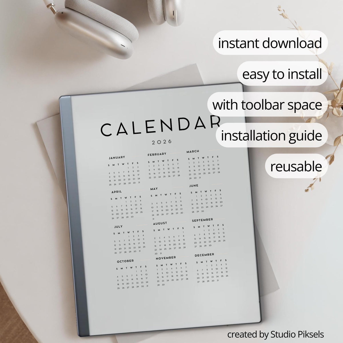 2026 Planner for reMarkable 2 and reMarkable Paper Pure featuring hyperlinked weekly planning pages, notes sections, and minimalist digital layouts