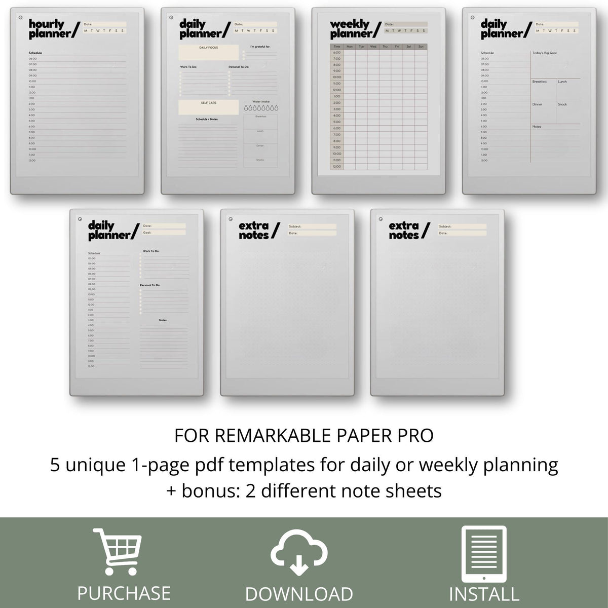 Digital planner bundle for reMarkable Paper Pro featuring structured daily, weekly, and hourly planning pages with multiple minimalist templates for task organization, scheduling, and productivity tracking on E Ink devices.