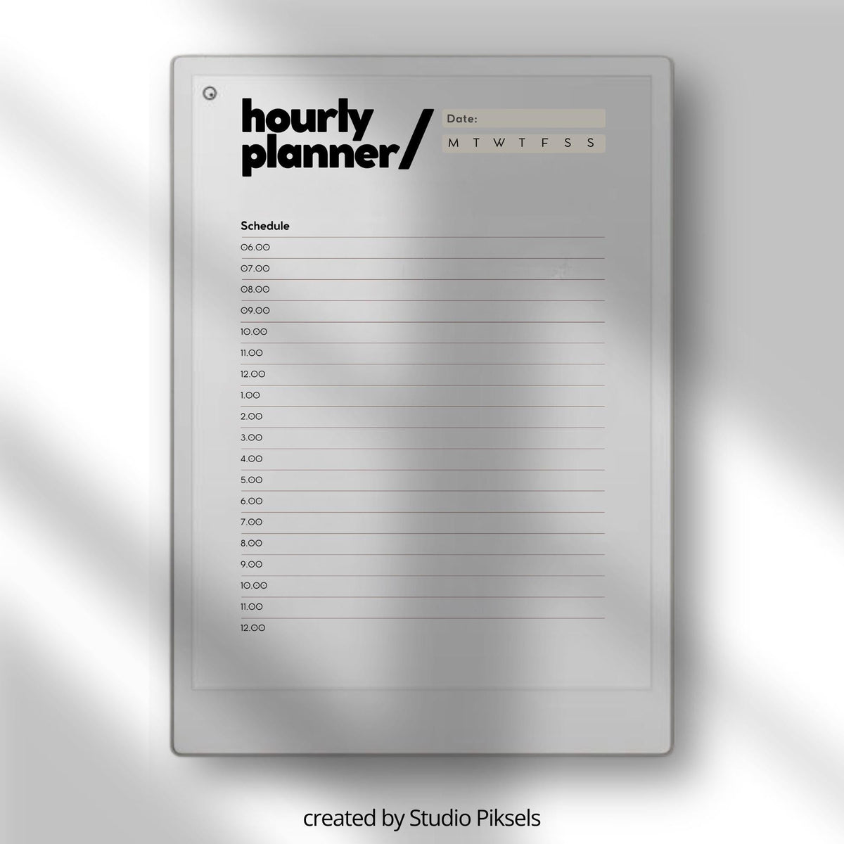 Digital planner bundle for reMarkable Paper Pro featuring structured daily, weekly, and hourly planning pages with multiple minimalist templates for task organization, scheduling, and productivity tracking on E Ink devices.