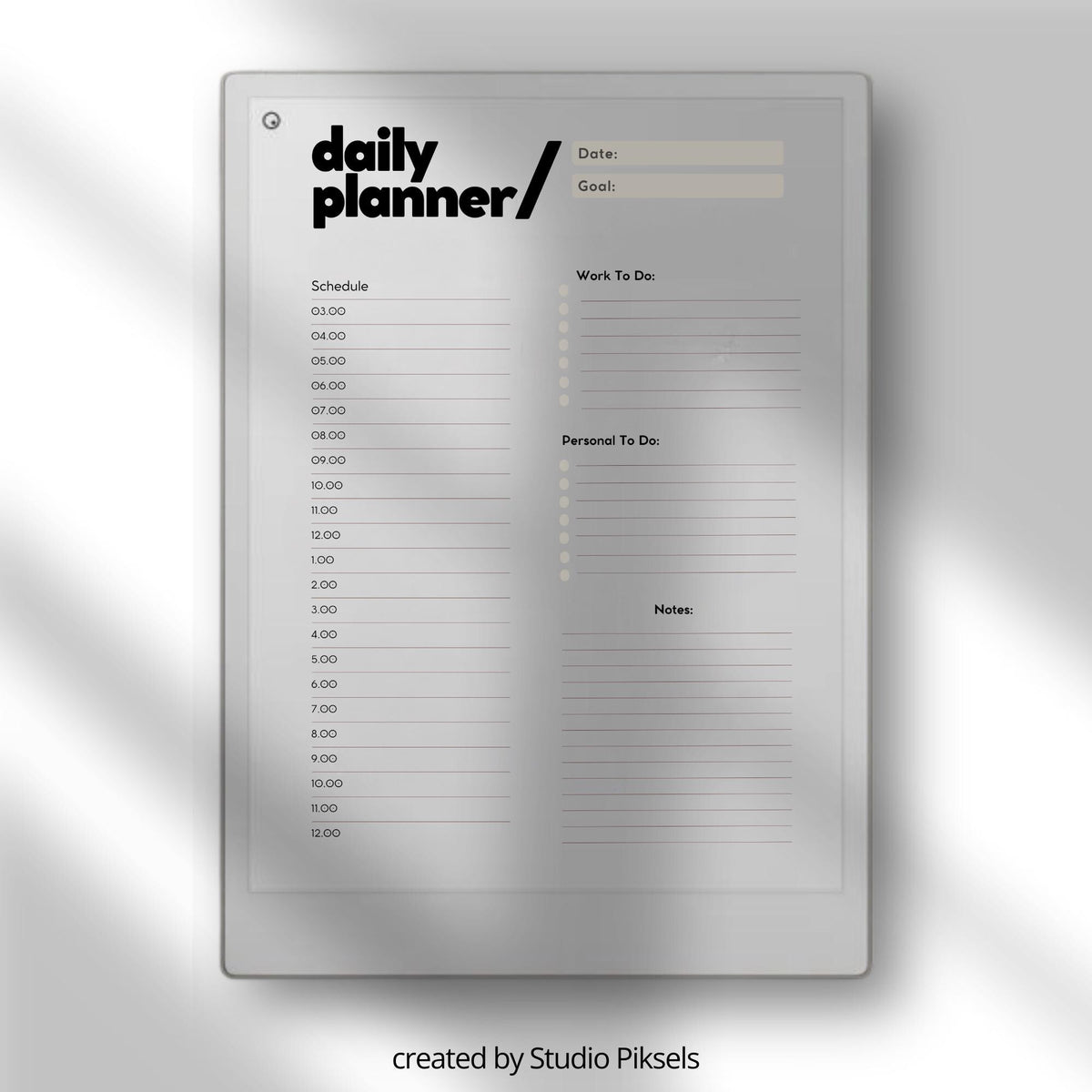 Digital planner bundle for reMarkable Paper Pro featuring structured daily, weekly, and hourly planning pages with multiple minimalist templates for task organization, scheduling, and productivity tracking on E Ink devices.