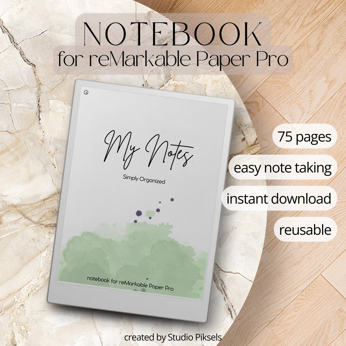 Notebook for reMarkable Paper Pro with notes and 75 pages