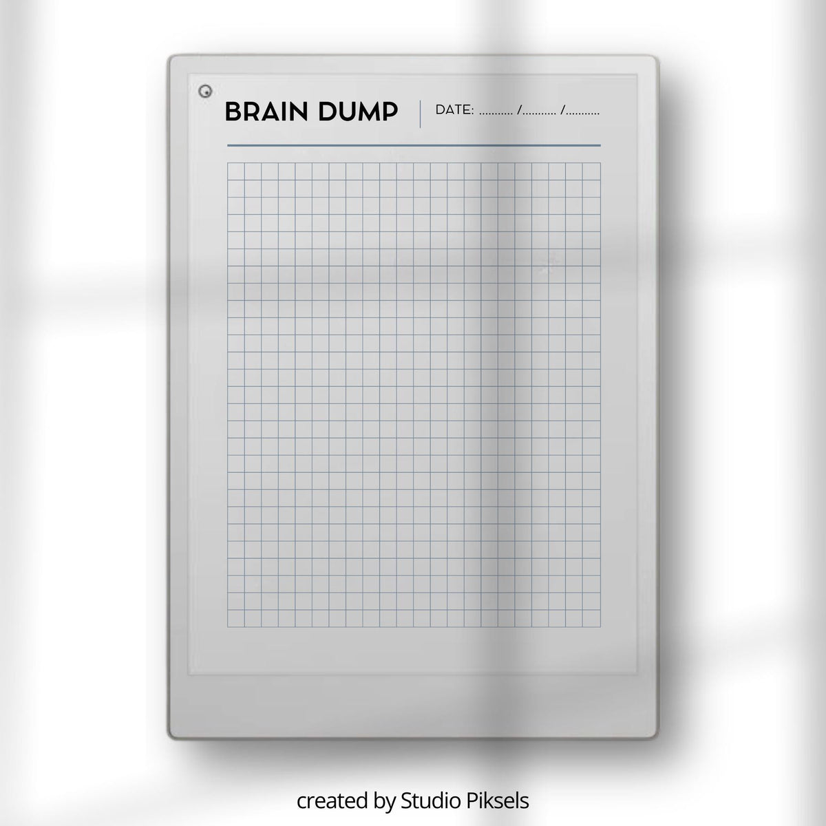 Brain Dump Template for reMarkable Paper Pro featuring 75 minimalist digital PDF pages with open writing space for brainstorming, task tracking, idea capture, reminders, thoughts, notes, priorities, and freeform planning.