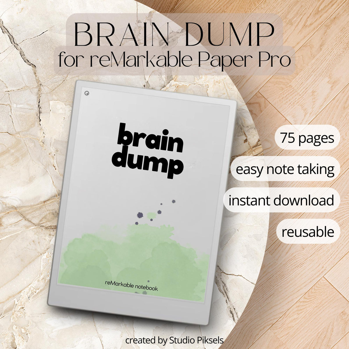 Structured digital brain dump notebook for reMarkable Paper Pro featuring categorized sections for work tasks, personal planning, projects, home organization, notes, and productivity tracking in a clean and distraction-free reusable PDF layout.