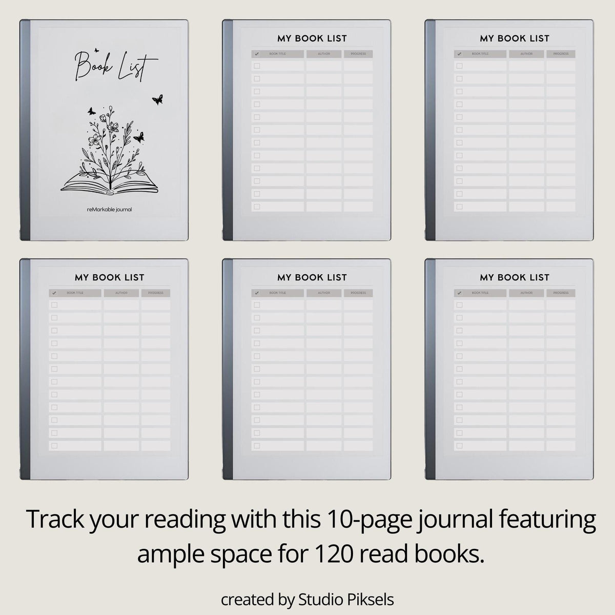 Book List for reMarkable 2 and reMarkable Paper Pure featuring reusable digital reading tracker pages with book title, author, and progress sections.