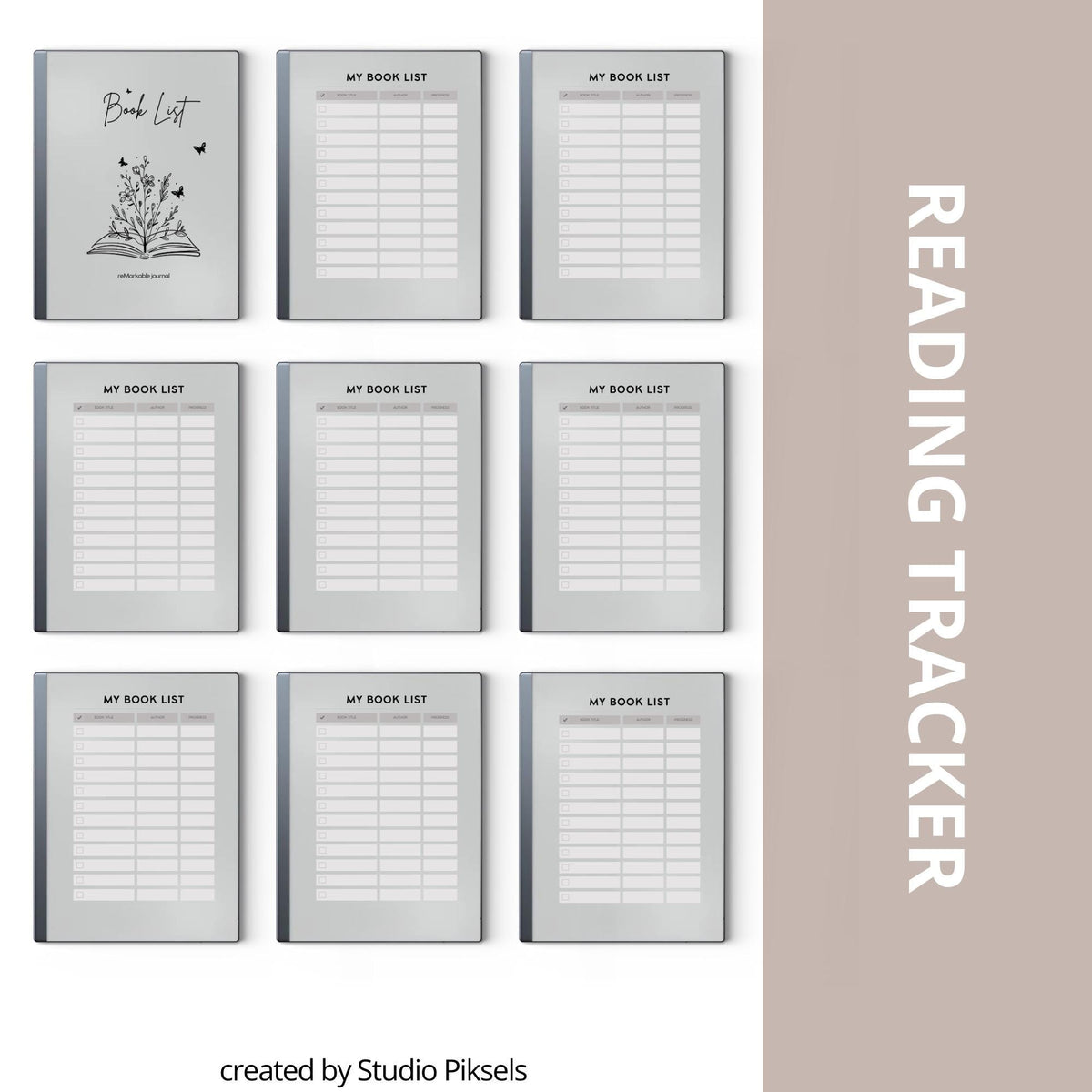 Book List for reMarkable 2 and reMarkable Paper Pure featuring reusable digital reading tracker pages with book title, author, and progress sections.