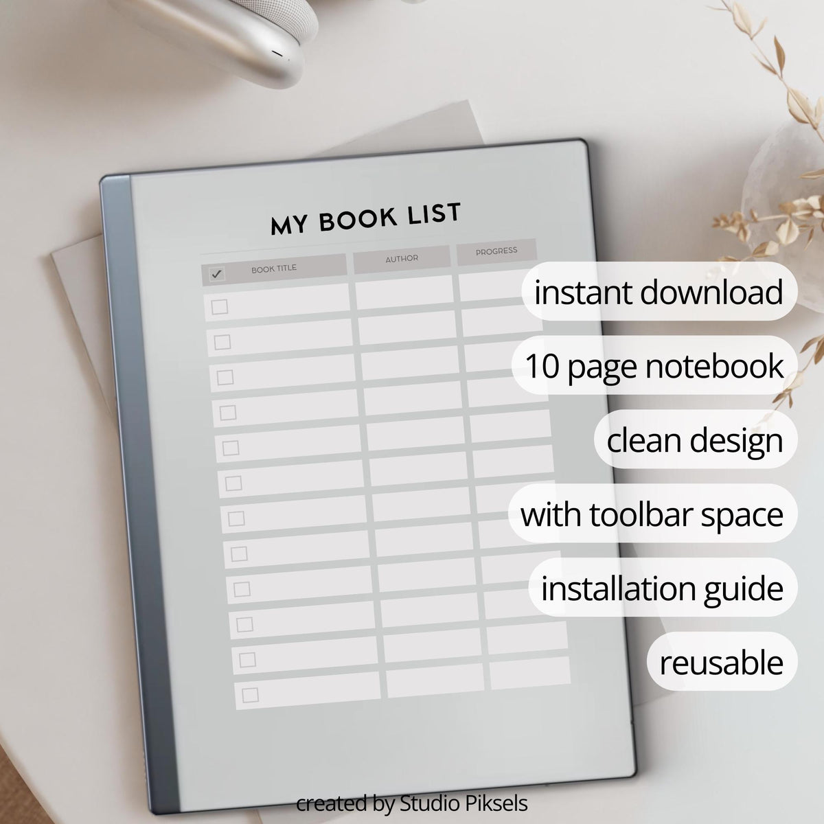 Book List for reMarkable 2 and reMarkable Paper Pure featuring reusable digital reading tracker pages with book title, author, and progress sections.