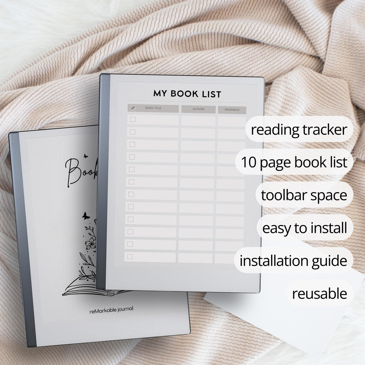 Book List for reMarkable 2 and reMarkable Paper Pure featuring reusable digital reading tracker pages with book title, author, and progress sections.