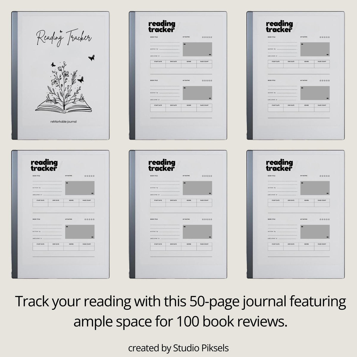 Reading Tracker PDF for reMarkable 2 and Paper Pure with grayscale book review pages and minimalist reading journal layout