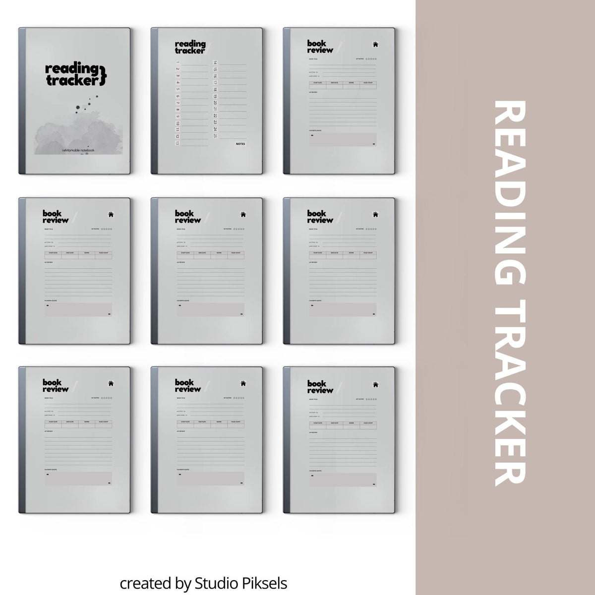 Hyperlinked Reading Tracker for reMarkable featuring a minimalist reusable PDF journal with linked index page, 25 book review pages, book details sections, reading notes, personal reflections, and high-resolution layout for organized reading tracking.