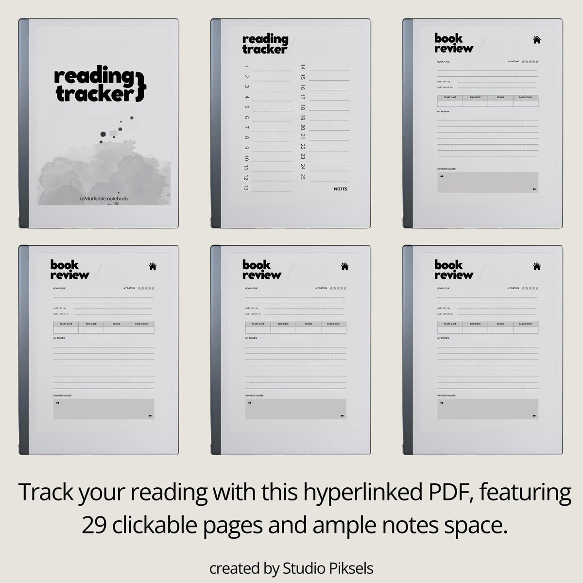 Hyperlinked Reading Tracker for reMarkable featuring a minimalist reusable PDF journal with linked index page, 25 book review pages, book details sections, reading notes, personal reflections, and high-resolution layout for organized reading tracking.