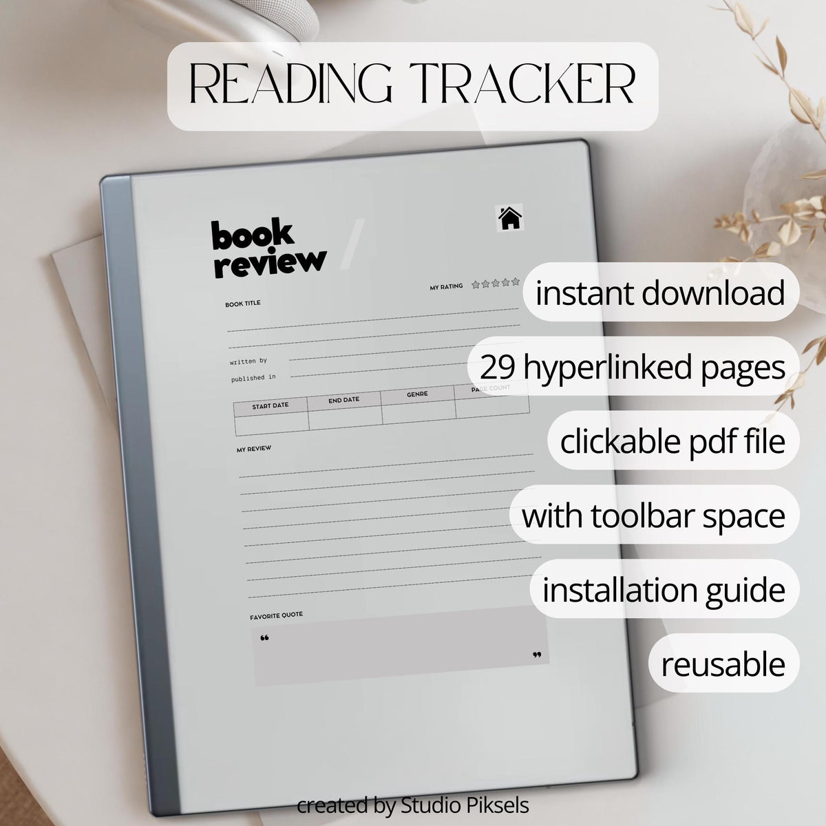 Hyperlinked Reading Tracker for reMarkable featuring a minimalist reusable PDF journal with linked index page, 25 book review pages, book details sections, reading notes, personal reflections, and high-resolution layout for organized reading tracking.