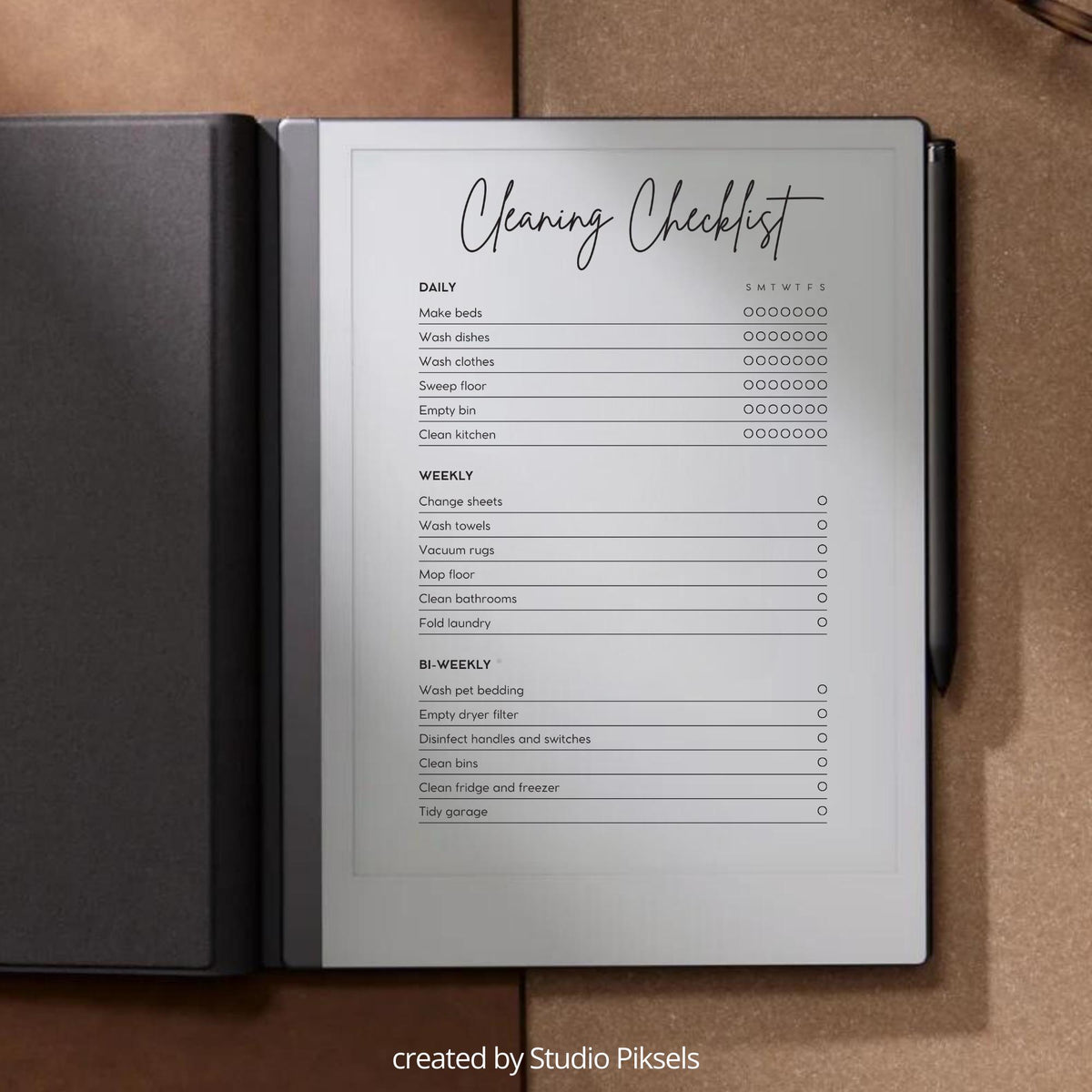 Cleaning Checklist for reMarkable featuring a minimalist digital PDF layout with one-page cleaning task list, extra notes sheet, household reminders, chore tracking sections, and simple home organization format.