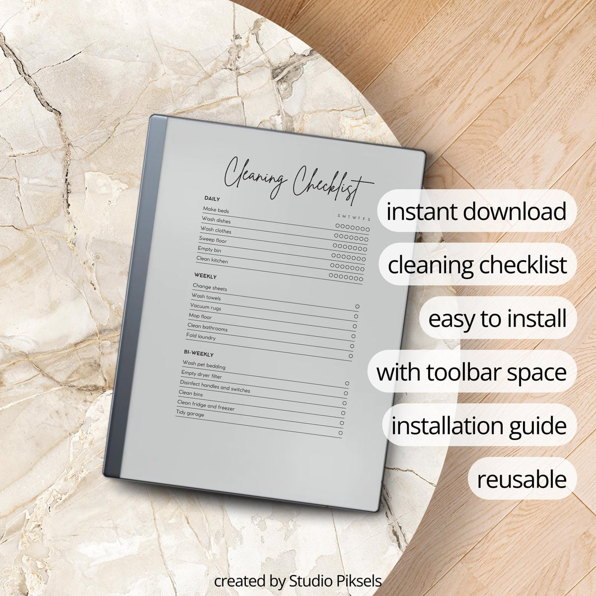 Cleaning Checklist for reMarkable featuring a minimalist digital PDF layout with one-page cleaning task list, extra notes sheet, household reminders, chore tracking sections, and simple home organization format.
