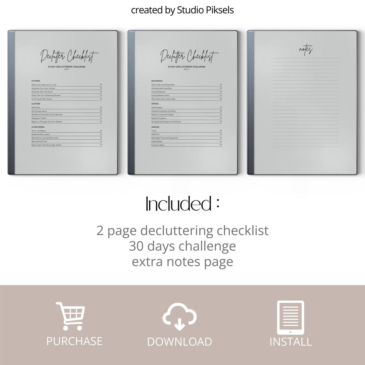 Decluttering Checklist for reMarkable 2 and reMarkable Paper Pure featuring a reusable 30-day home organization challenge with minimalist checklist and notes layouts