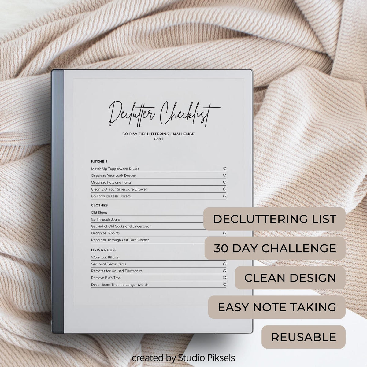 Decluttering Checklist for reMarkable 2 and reMarkable Paper Pure featuring a reusable 30-day home organization challenge with minimalist checklist and notes layouts