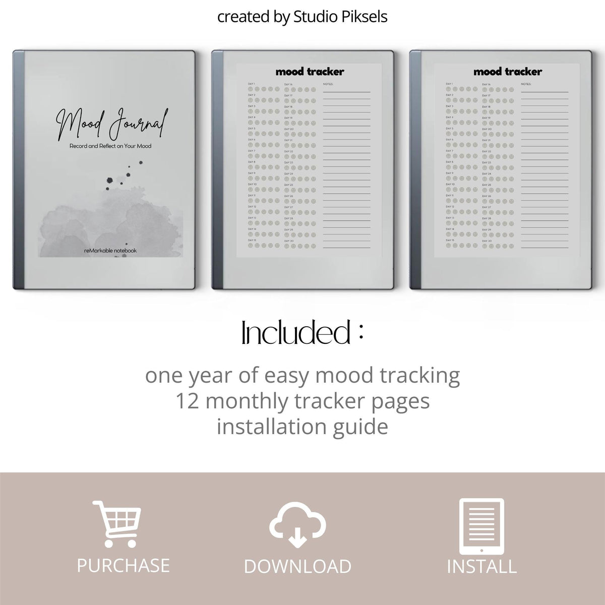 Yearly digital mood tracker for reMarkable Paper Pure and reMarkable 2 with monthly emotional tracking layouts