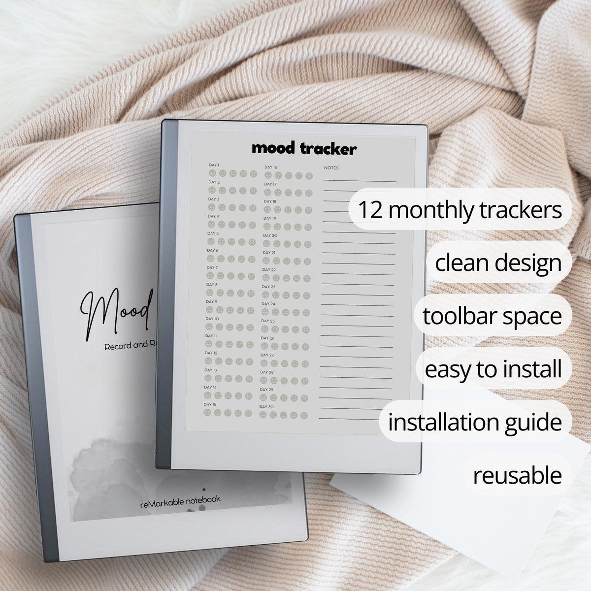 Yearly digital mood tracker for reMarkable Paper Pure and reMarkable 2 with monthly emotional tracking layouts