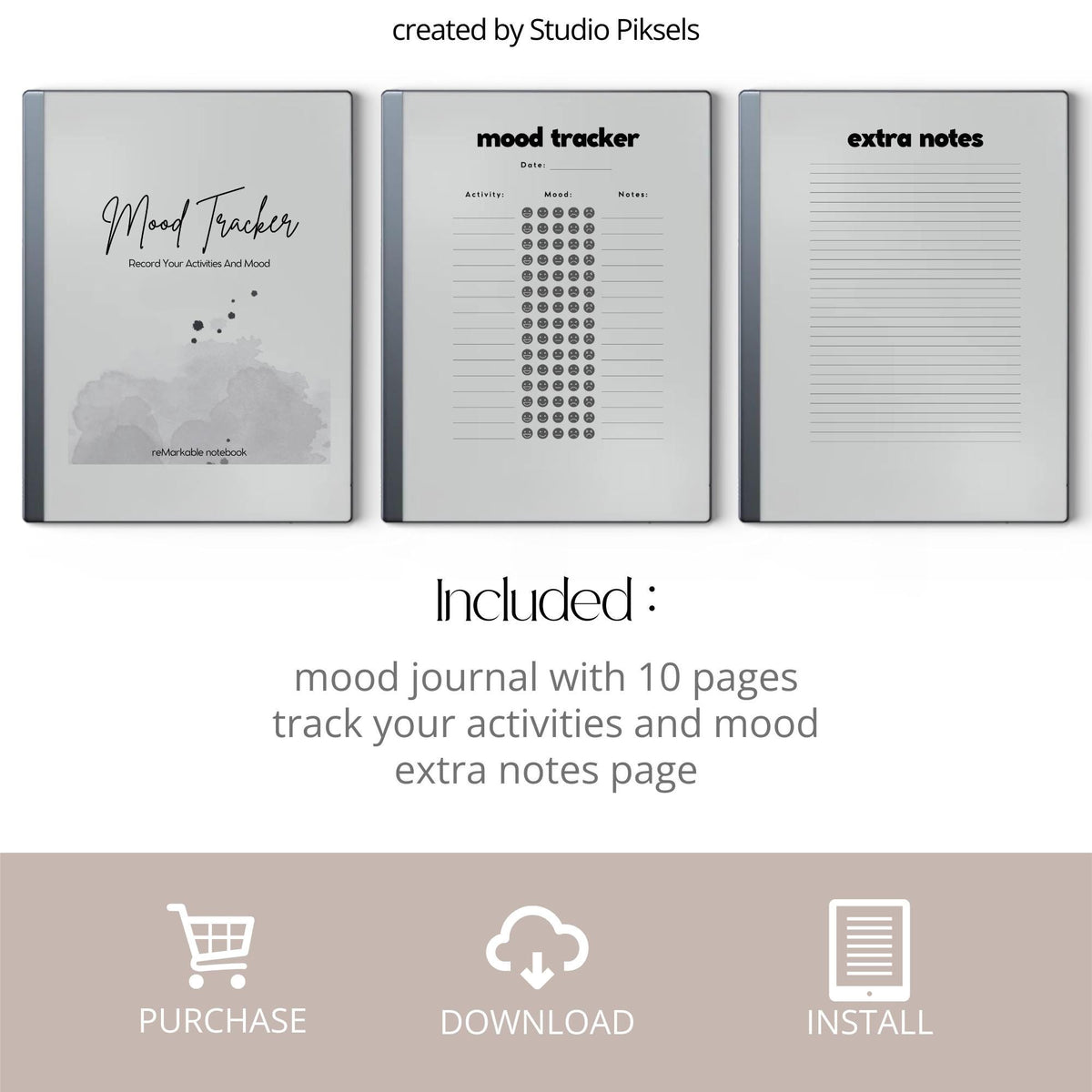 Digital mood tracker for reMarkable Paper Pure and reMarkable 2 with reusable wellness journal and daily reflection pages