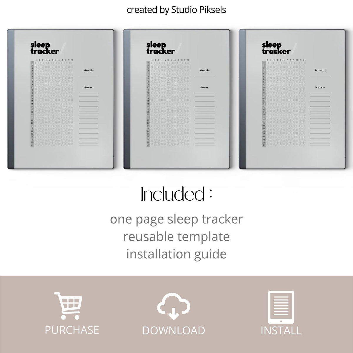 Monthly Sleep Tracker for reMarkable 2 and reMarkable Paper Pure featuring reusable sleep monitoring layouts, daily sleep tracking sections, and minimalist wellness notes pages