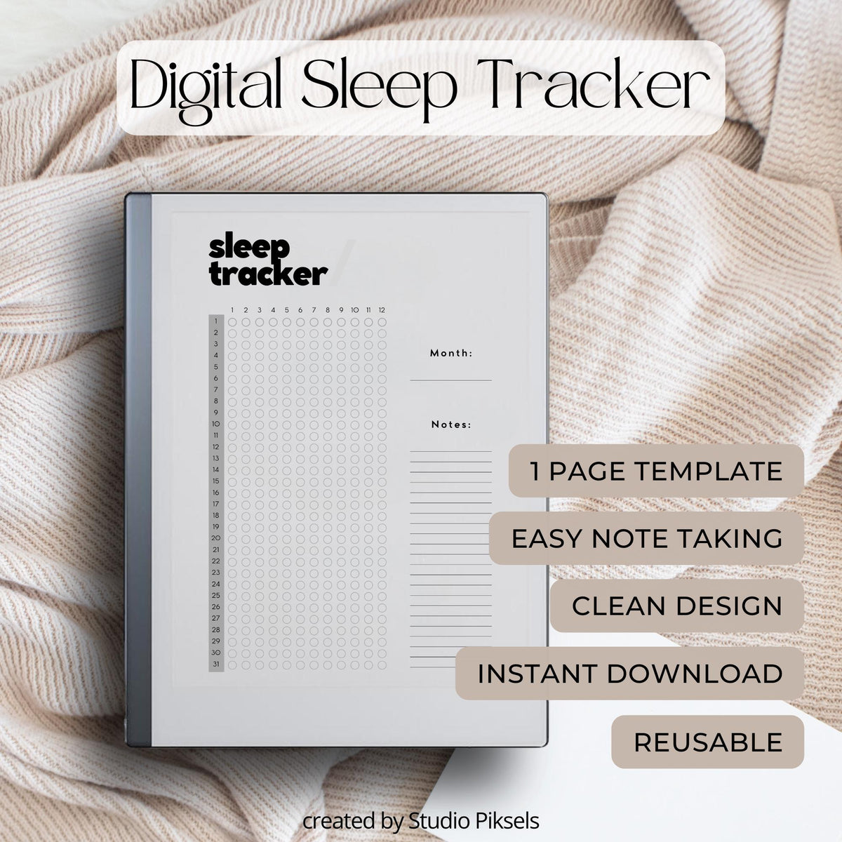 Monthly Sleep Tracker for reMarkable 2 and reMarkable Paper Pure featuring reusable sleep monitoring layouts, daily sleep tracking sections, and minimalist wellness notes pages