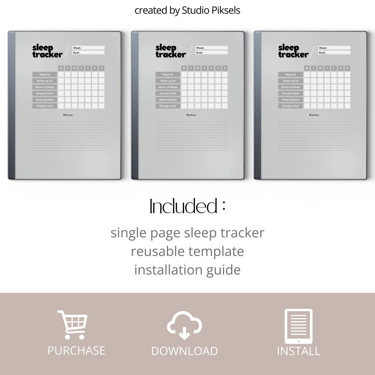 Sleep Tracker for reMarkable 2 and reMarkable Paper Pure featuring reusable weekly sleep tracking pages with sleep quality, energy levels, and notes sections