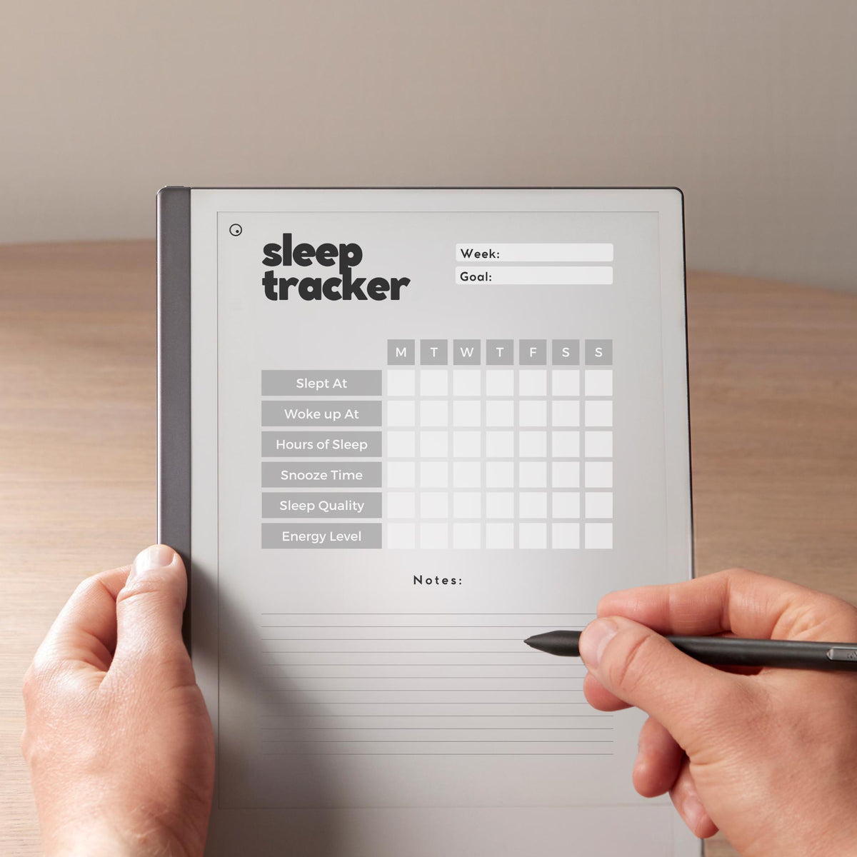 Sleep Tracker for reMarkable 2 and reMarkable Paper Pure featuring reusable weekly sleep tracking pages with sleep quality, energy levels, and notes sections