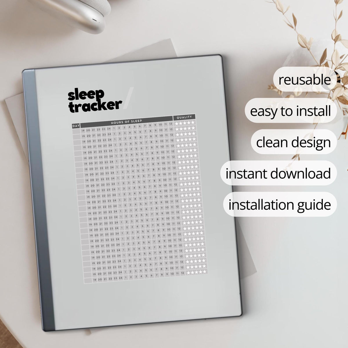 Reusable sleep tracker template for reMarkable Paper Pure and reMarkable 2 with daily sleep quality and sleep hour tracking layout