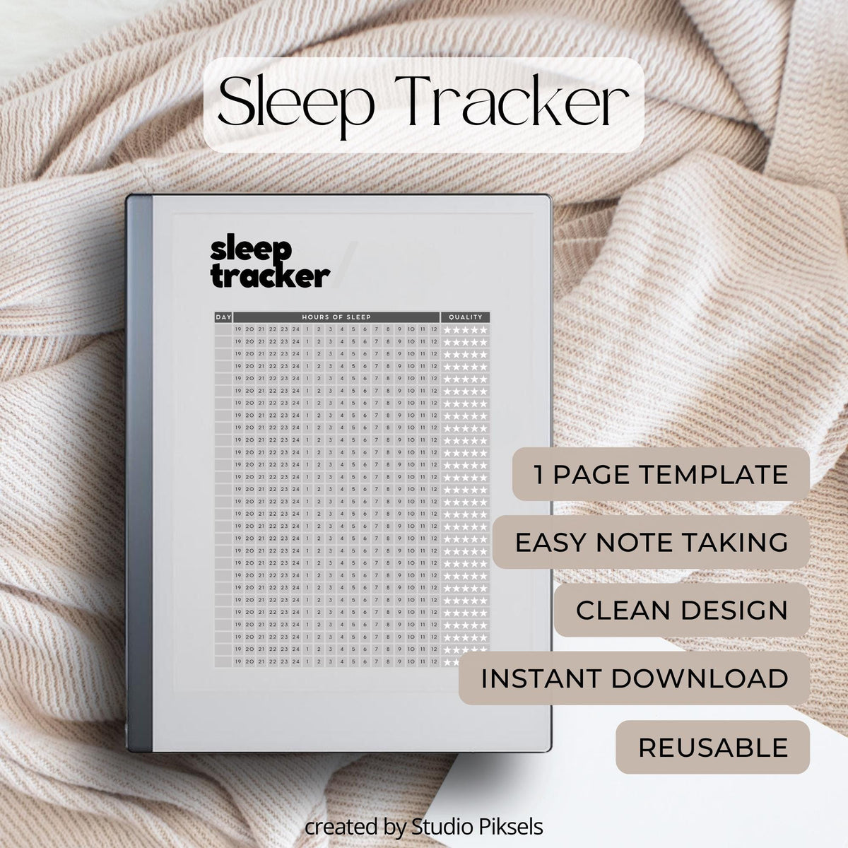 Reusable sleep tracker template for reMarkable Paper Pure and reMarkable 2 with daily sleep quality and sleep hour tracking layout
