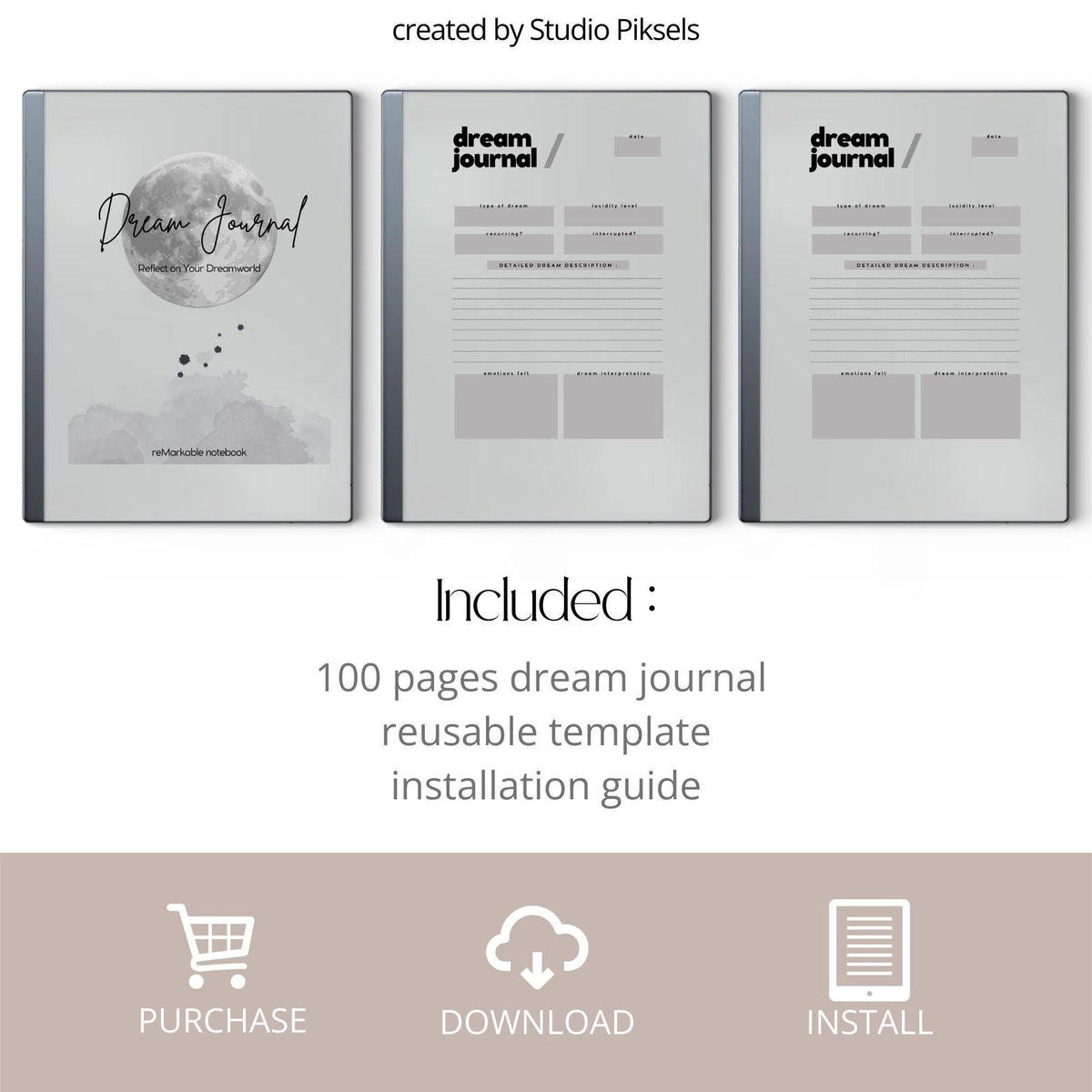 Dream Journal for reMarkable 2 and reMarkable Paper Pure featuring 100 reusable dream tracking pages with minimalist grayscale layouts and structured reflection sections