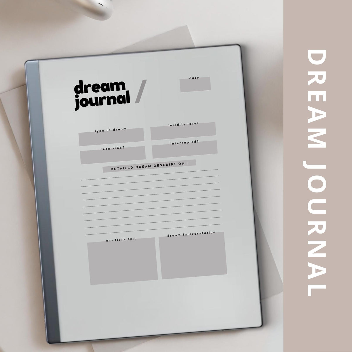 Dream Journal for reMarkable 2 and reMarkable Paper Pure featuring 100 reusable dream tracking pages with minimalist grayscale layouts and structured reflection sections